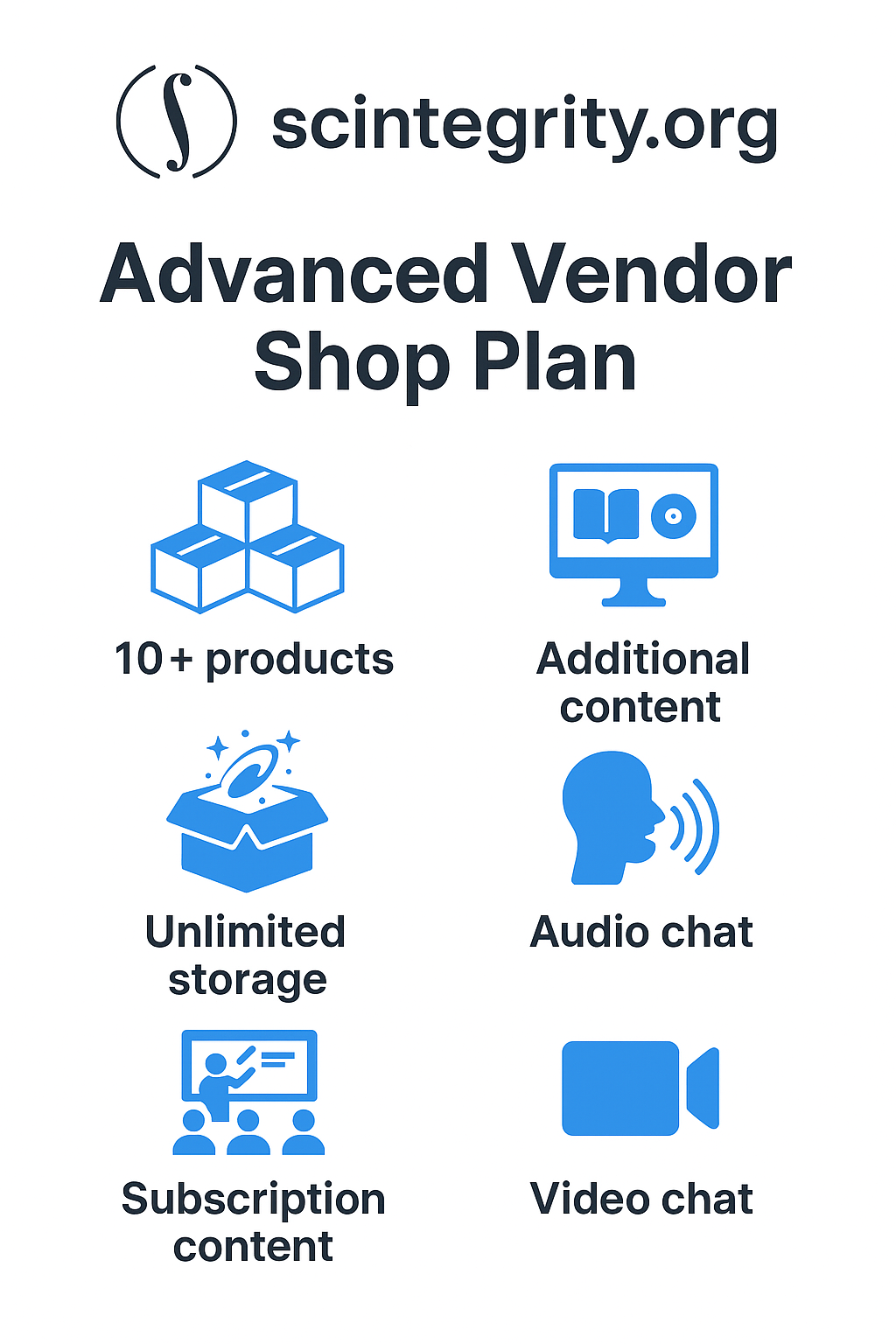 Infographic showing the Advanced Vendor Shop Plan with blue icons for product limits, additional content, unlimited storage, subscriptions, audio chat, and video chat, with the Scintegrity.org logo at the top.