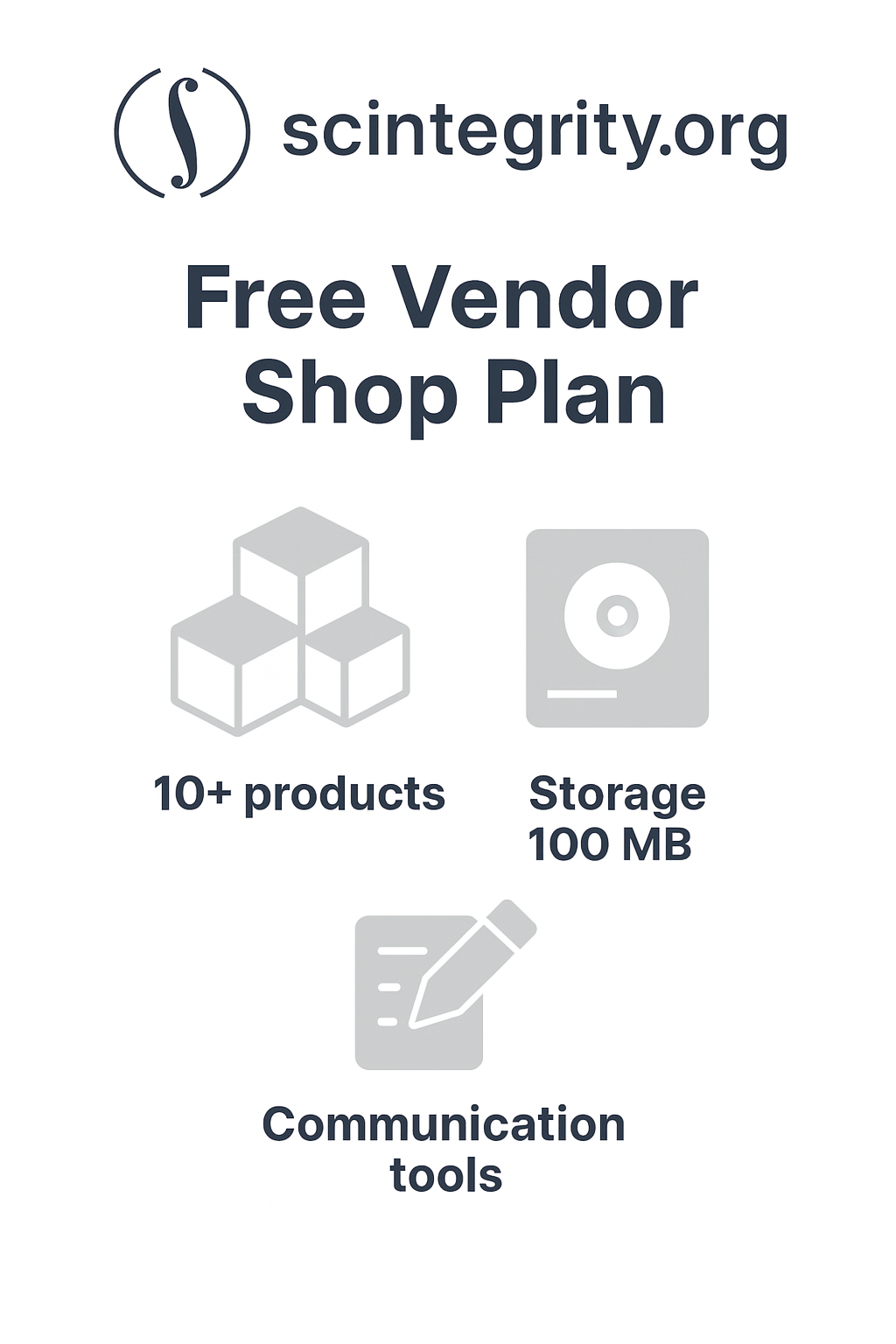 A clean promotional card for the Free Vendor Shop Plan from scintegrity.org, featuring the site’s logo and three light‑gray icons representing 10 products, 100 MB storage, and basic communication tools.