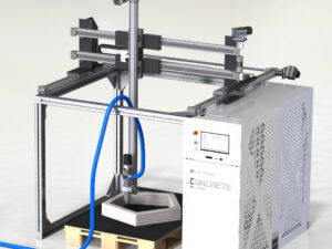 Laboratory concrete 3D printer with a compact gantry system depositing a layer of cement-based material
