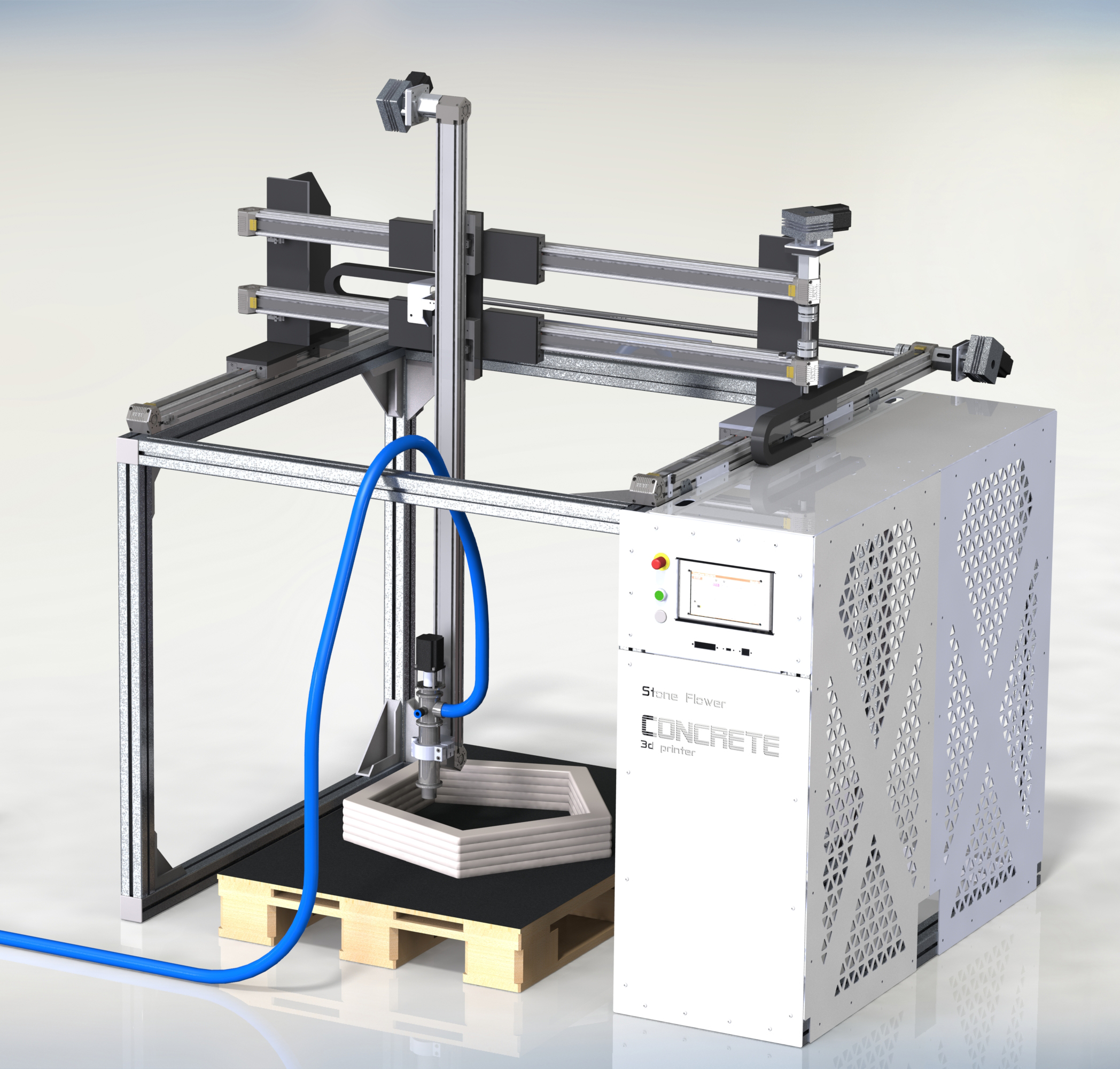 Laboratory Concrete 3D Printer Stone Flower Laboratory concrete 3D printer with a compact gantry system depositing a layer of cement-based material